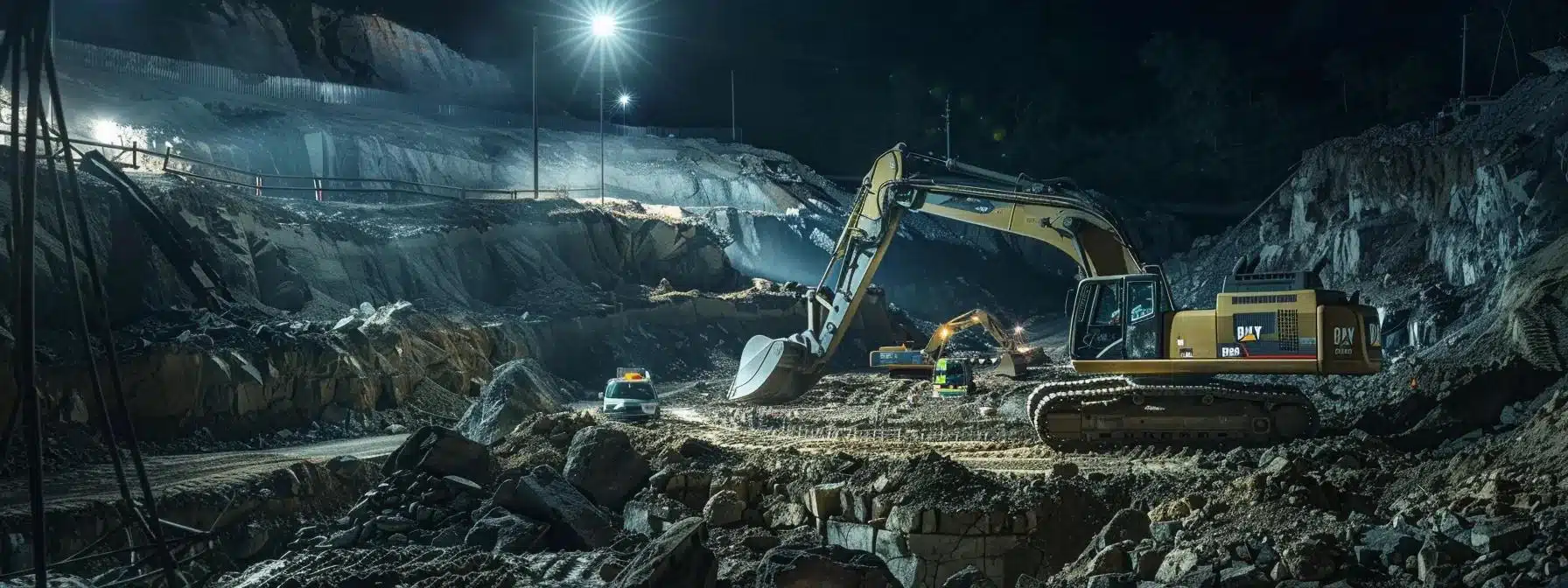a dynamic excavation site in wimberley, texas, showcases heavy machinery in action, surrounded by a rugged construction landscape under bright, artificial lighting, emphasizing the precision and professionalism of excavation services.