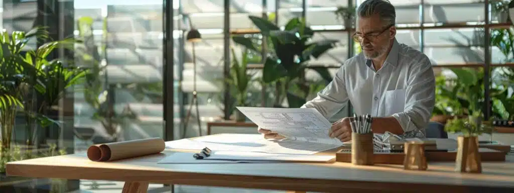 a focused office environment showcases a professional reviewing a detailed contract on a sleek conference table, with blueprints and project plans prominently displayed, emphasizing the importance of clear scopes and agreements in excavation and landscaping projects.