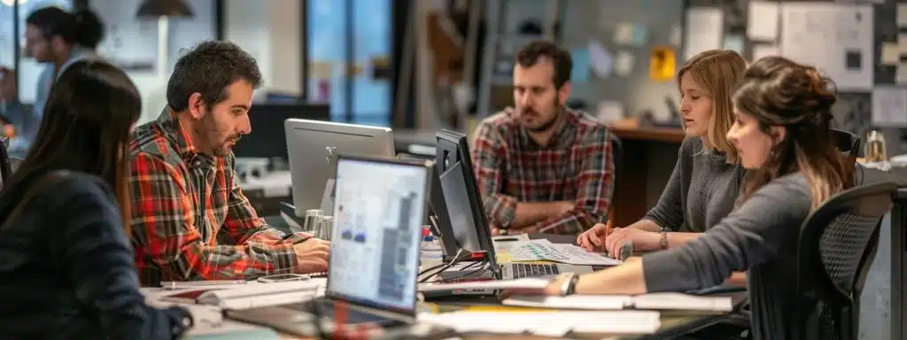 a focused office scene showcases a diverse group of professionals intensely reviewing detailed construction estimates and site assessments, highlighting the importance of thorough evaluations to avoid unexpected expenses in a project.