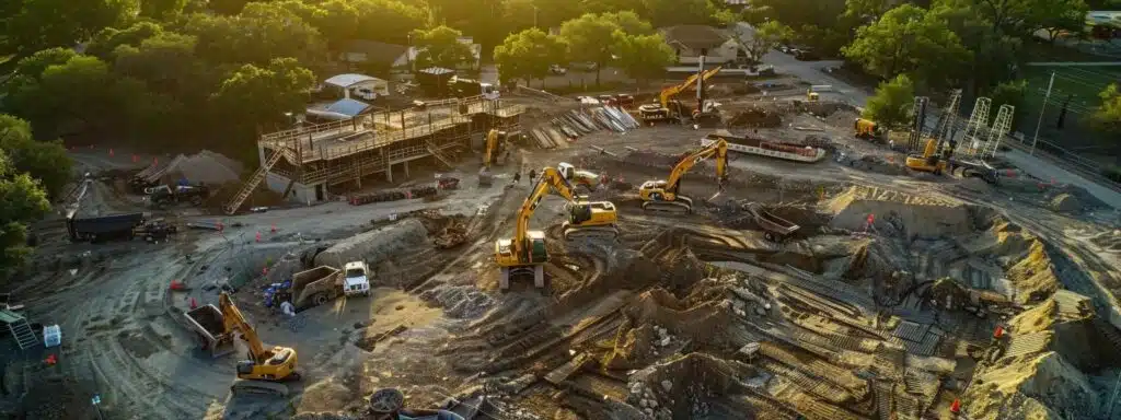 a meticulously arranged construction site in wimberley showcases various heavy excavation equipment, emphasizing the selection process with clear, labeled machinery and surrounding urban infrastructure under bright artificial lighting.