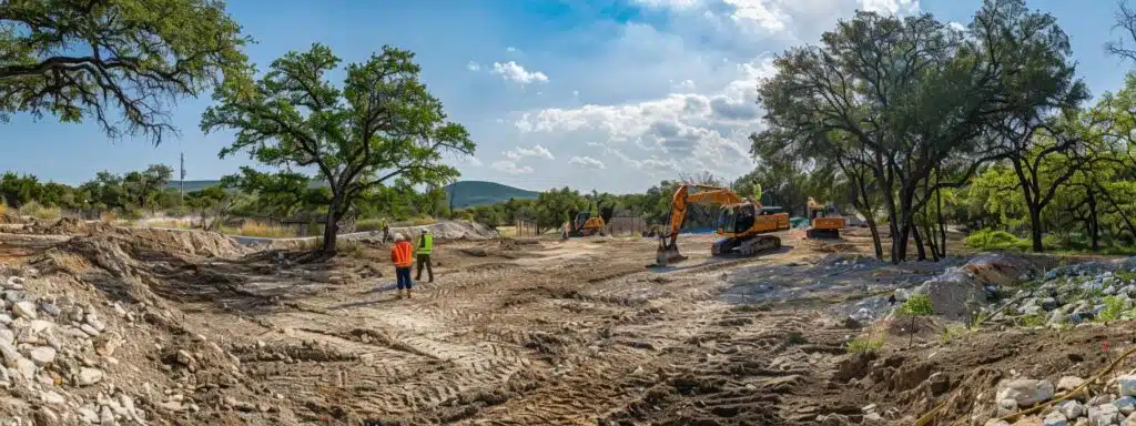 a meticulously organized construction site in wimberley, texas, showcasing workers in safety gear overseeing the restoration of the ground, with equipment parked on clean gravel, emphasizing the importance of responsible post-excavation practices.