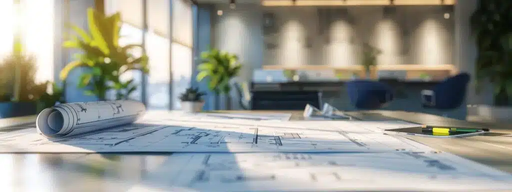 a modern office conference room with a large table and blueprints spread out, representing homeowners and contractors discussing detailed excavation and landscaping plans, illuminated by bright overhead lighting to emphasize the importance of thorough project assessments and clear communication.