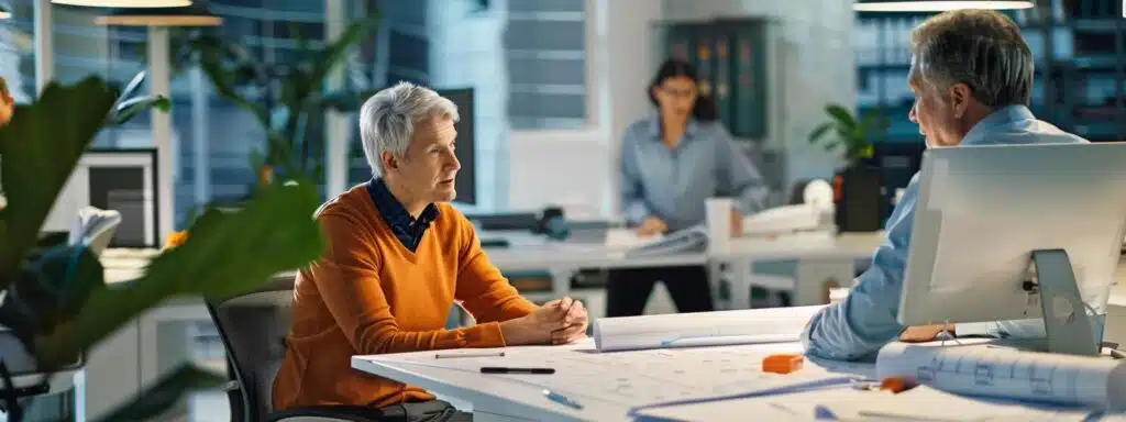 a well-lit modern office environment features a professional contractor engaging in a focused discussion with a client, surrounded by blueprints and excavation plans, highlighting the importance of clear communication in project management.