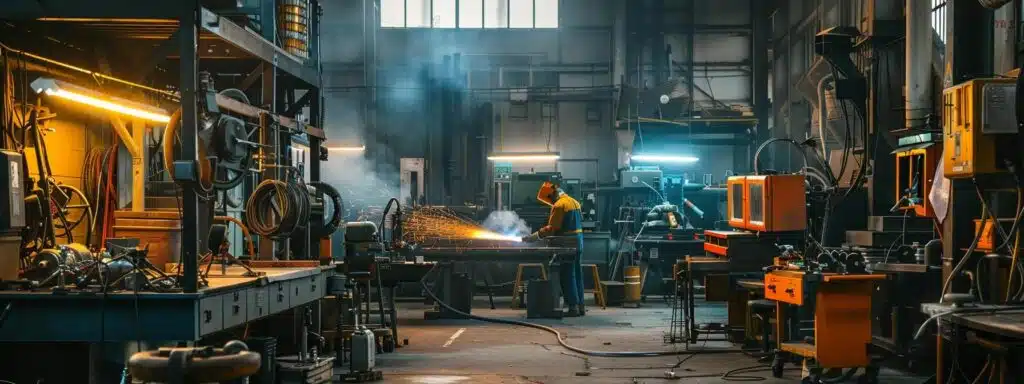a detailed indoor scene in a bustling welding workshop, showcasing skilled technicians scrutinizing complex projects with advanced equipment and materials, emphasizing the varying costs of welding services.