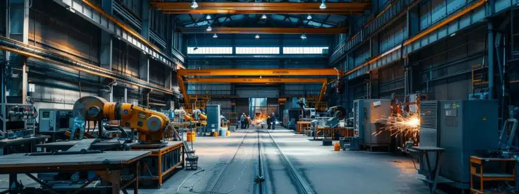 a dynamic welding workshop bustling with professionals skillfully executing various welding tasks, showcasing an array of equipment and finished metal pieces, illuminated by focused spotlights and framed by industrial aesthetics.