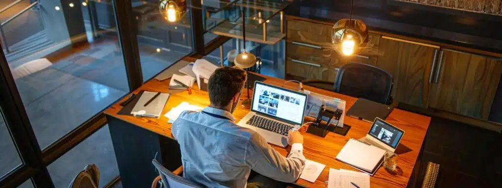 a focused, modern office environment showcases a professional consultant analyzing contractor credentials and project portfolios on a sleek laptop, illuminated by sharp artificial lighting, emphasizing the meticulous decision-making process in selecting a welding service.