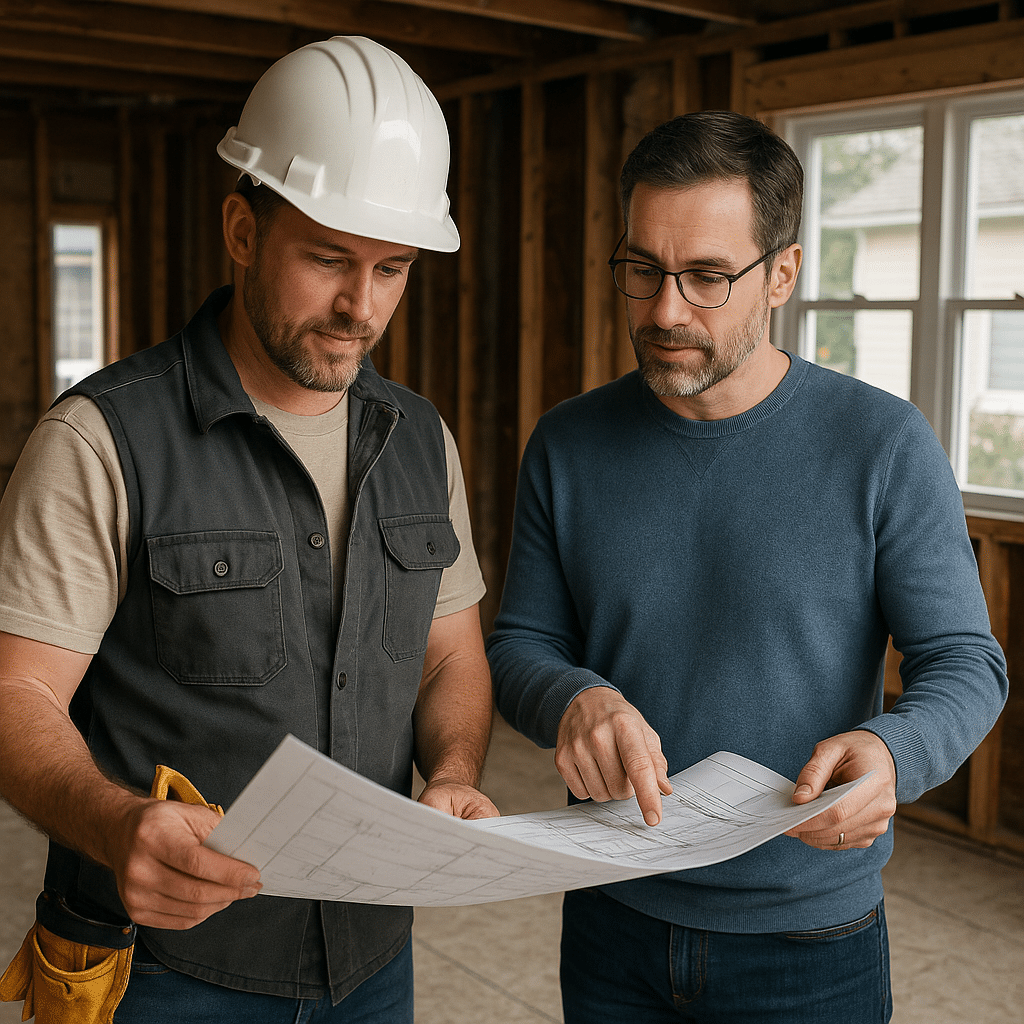 How to Choose the Best Remodelers Near Me: 10 Steps to Hire With Confidence A contractor and homeowner reviewing blueprints at a residential remodel site