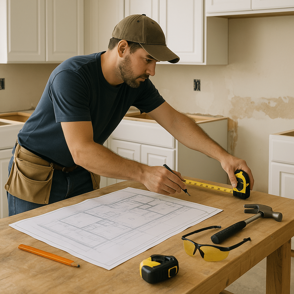 A contractor measuring a kitchen renovation area with blueprints and tools on a workbench showing a typical remodeling scene