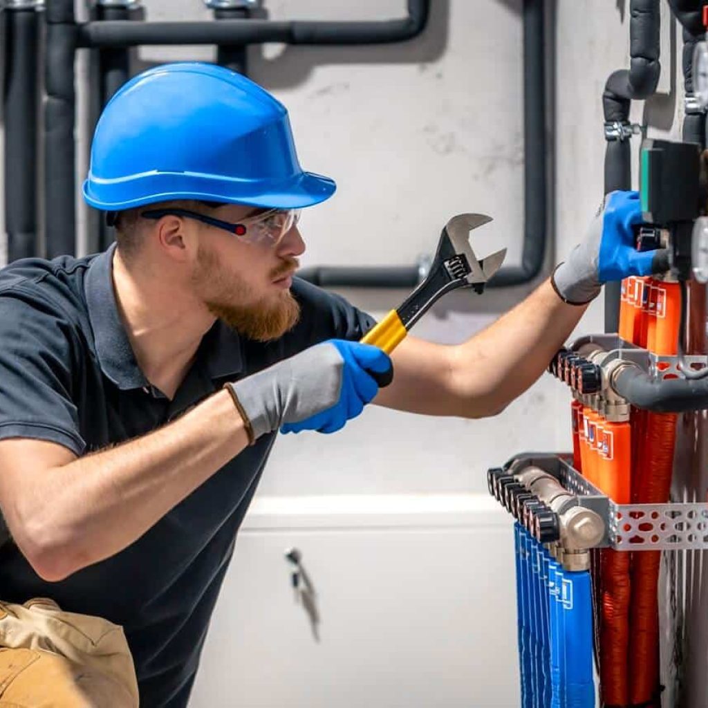Man in blue hard hat and gloves using a wrench to install plumbing fixtures, showcasing expertise in plumbing contractor services for Fredericksburg, Texas.
